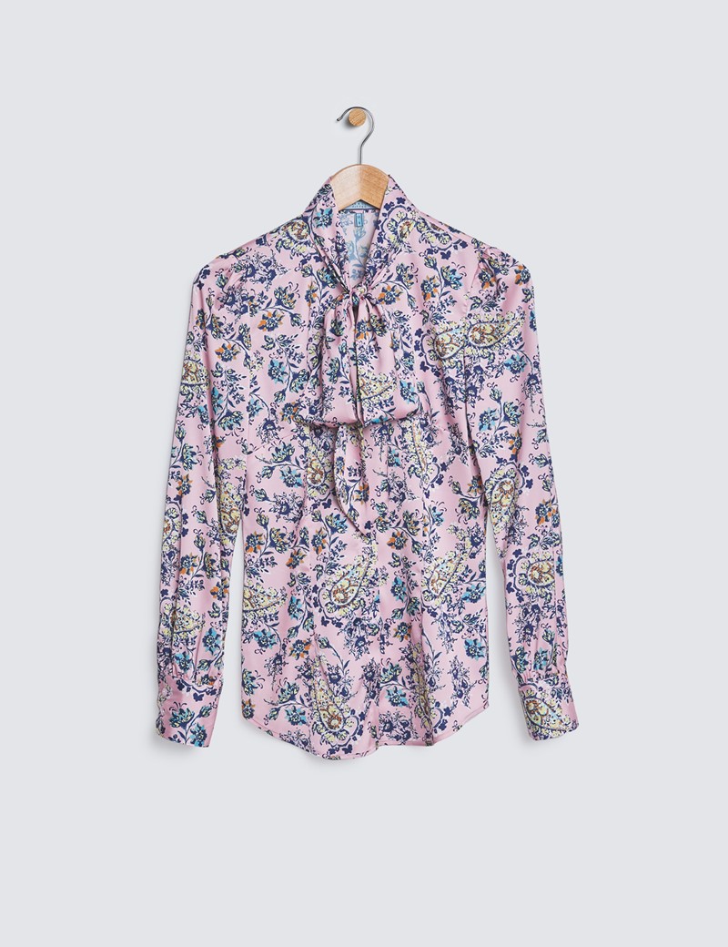 Women's Pink & Black Floral Print Satin Blouse - Pussy Bow