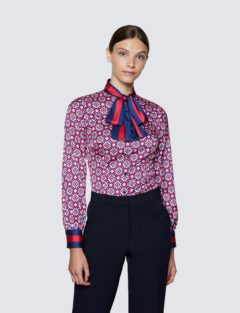 Women's Red & Navy Geometric Print Pussy Bow Blouse 