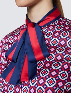 Women's Red & Navy Geometric Print Pussy Bow Blouse 