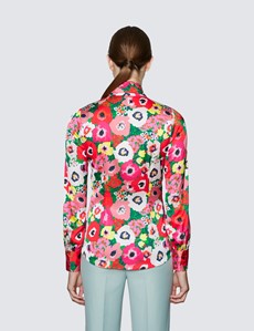 Women's Red & Green Large Poppy Print Pussy Bow Blouse 