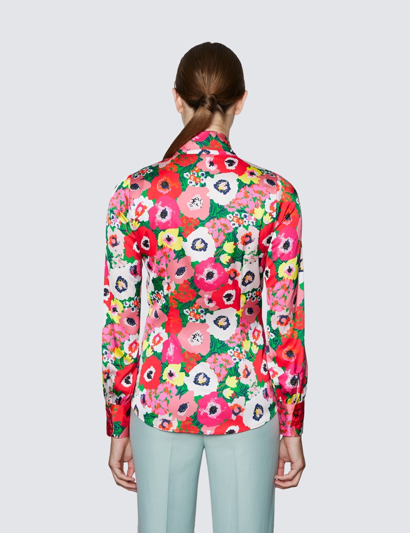 Women's Red & Green Large Poppy Print Pussy Bow Blouse