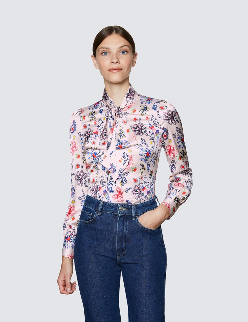 Women's Pink & Red Floral Print Pussy Bow Blouse 