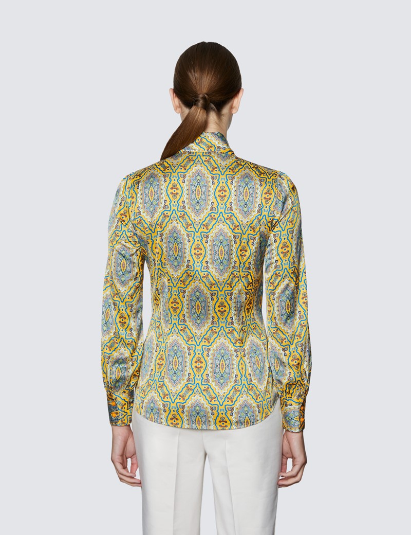 Women's Yellow & Blue Large Paisley Print Pussy Bow Blouse 