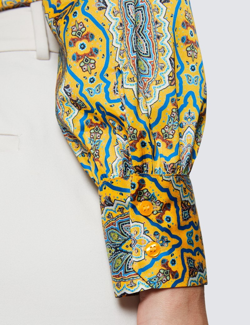 Women's Yellow & Blue Large Paisley Print Pussy Bow Blouse 