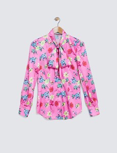 Women's Pink & Yellow Floral Print Pussy Bow Blouse 