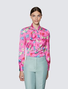 Women's Pink & Yellow Floral Print Pussy Bow Blouse 
