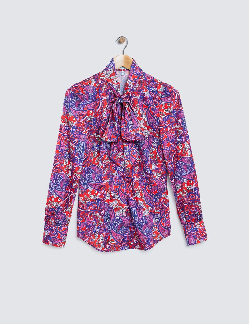 Women's Red & Purple Floral Paisley Print Pussy Bow Blouse 