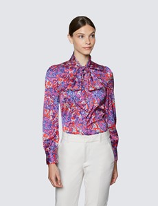 Women's Red & Purple Floral Paisley Print Pussy Bow Blouse 