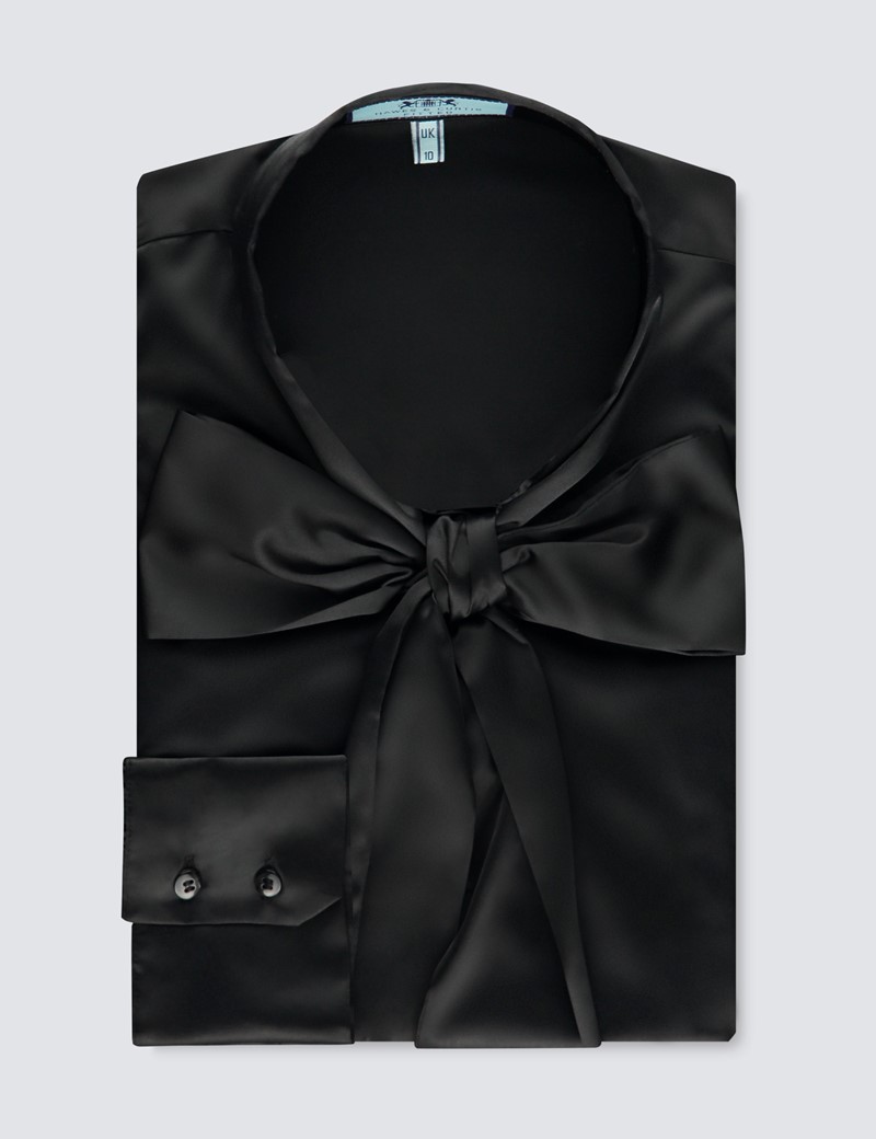 Women's Black Fitted Satin Blouse - Pussy Bow 