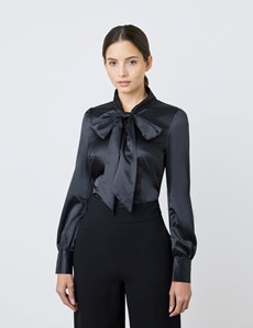 Women's Black Fitted Satin Blouse - Pussy Bow 