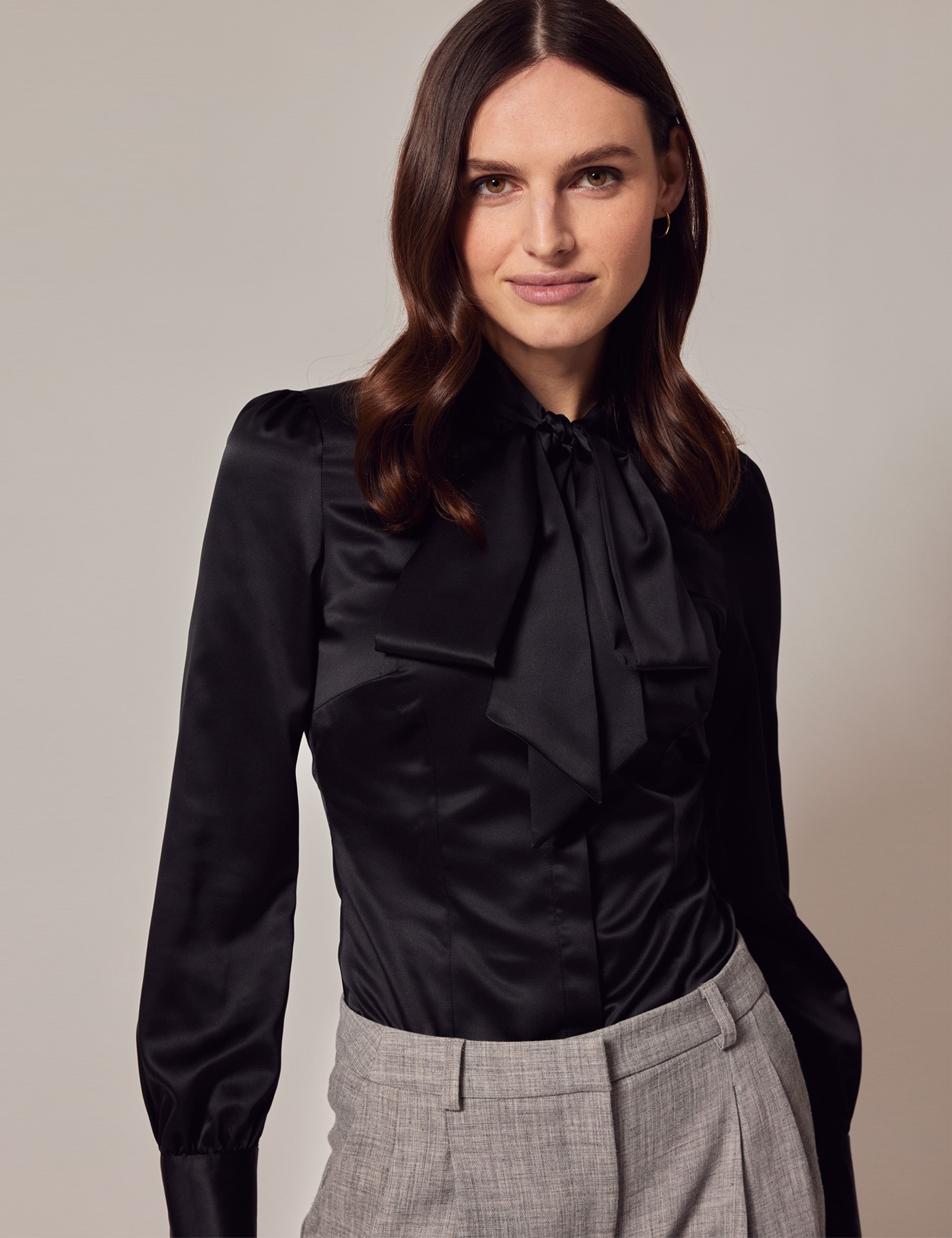 Women's Black Fitted Satin Blouse - Pussy Bow | Hawes & Curtis