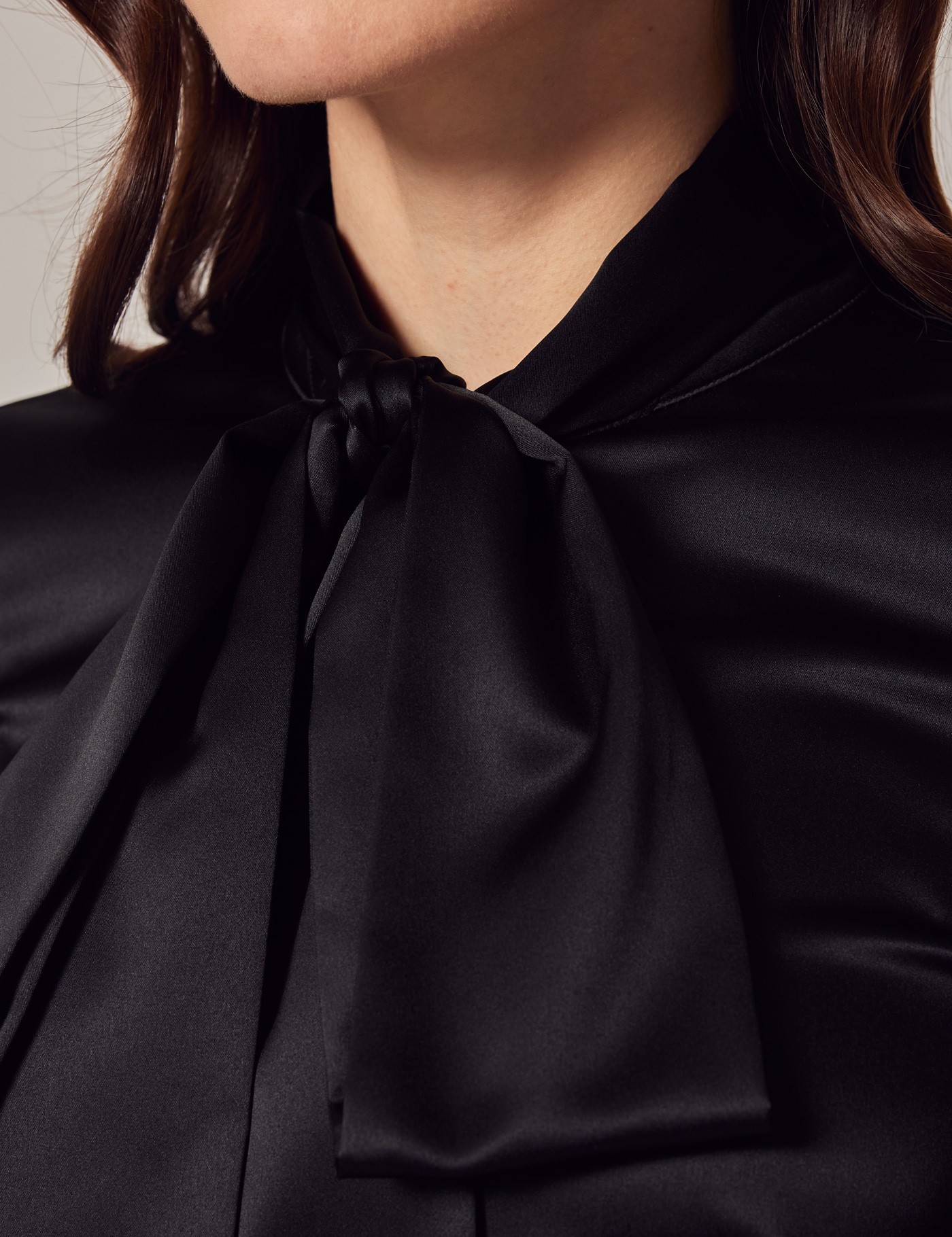 Women's Black Fitted Satin Blouse - Pussy Bow | Hawes & Curtis