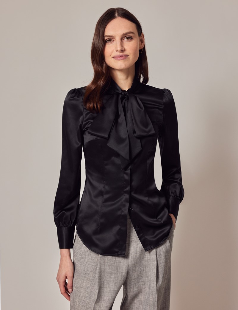 Women's Black Fitted Satin Blouse - Pussy Bow