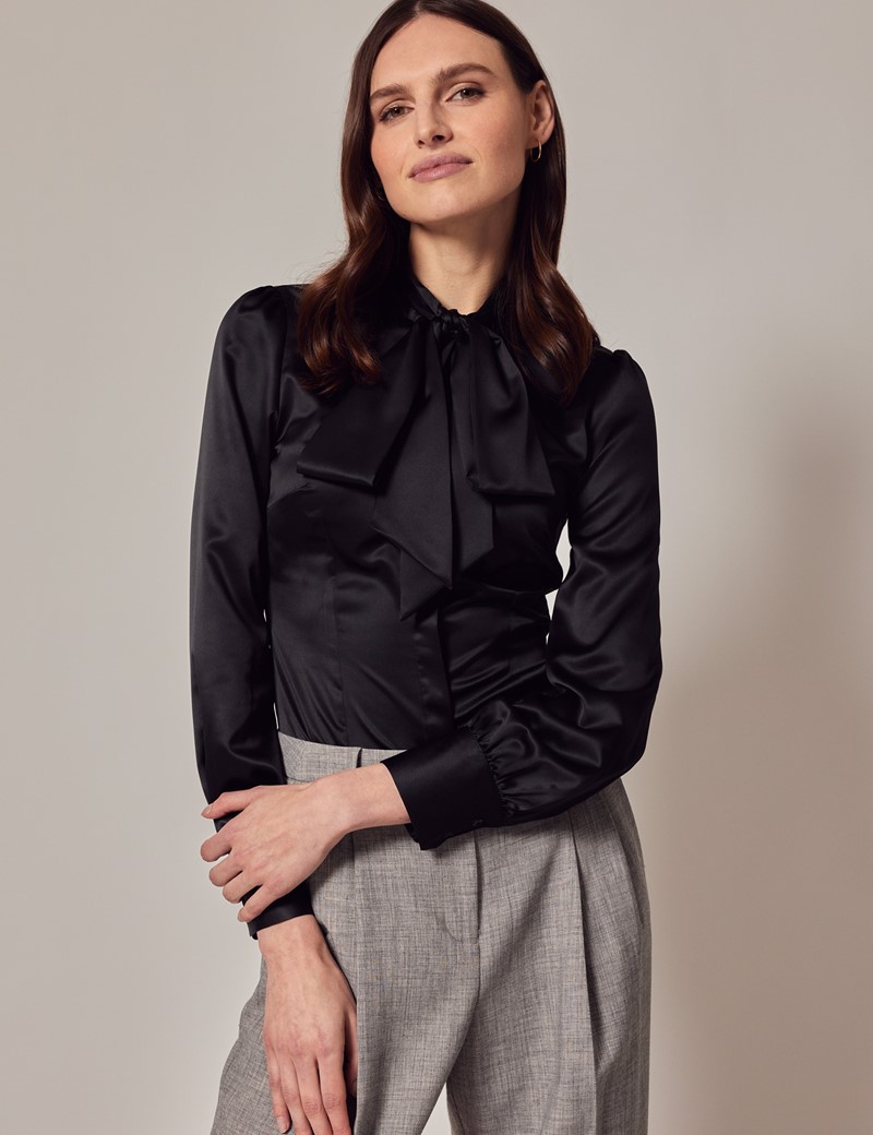 Women's Black Fitted Satin Blouse - Pussy Bow