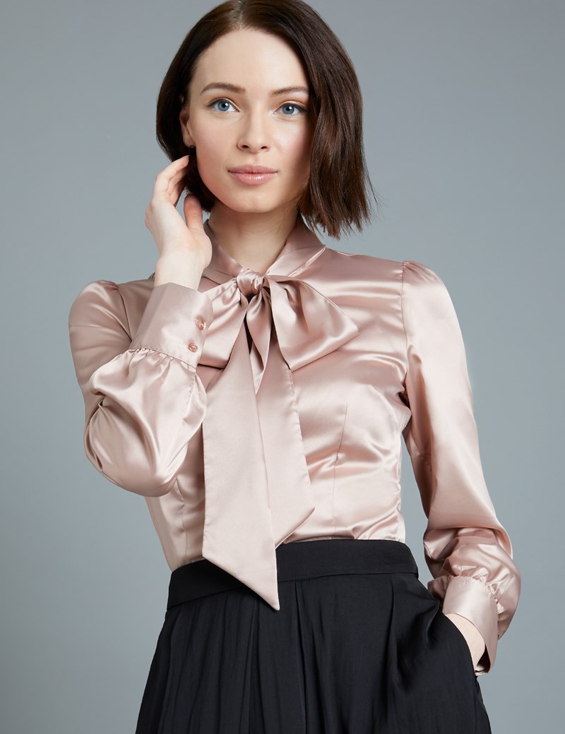Women S Taupe Fitted Satin Blouse Pussy Bow Hawes And Curtis