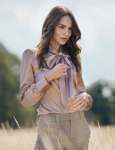 Women's Taupe Fitted Satin Blouse - Pussy Bow 