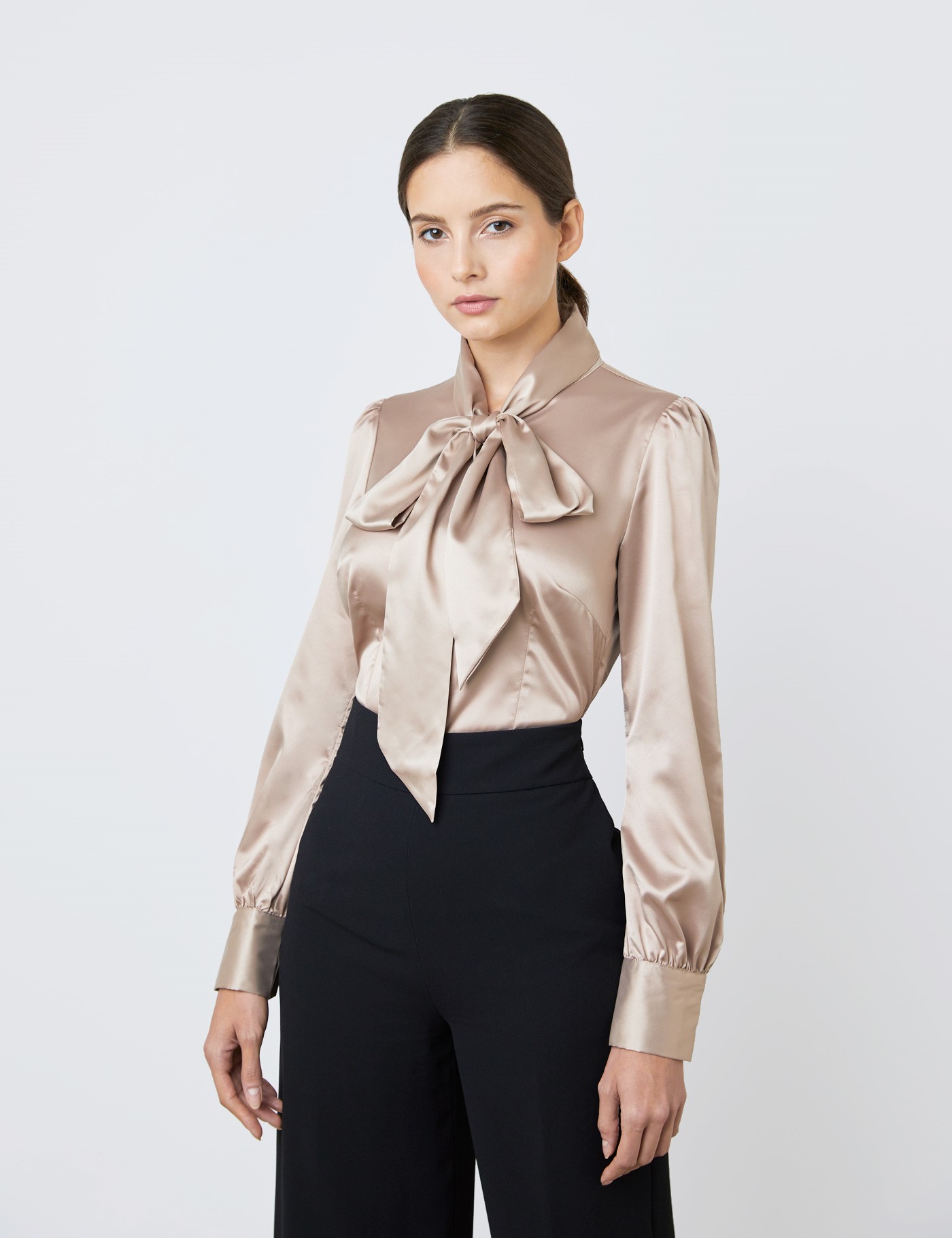 Satin Women's Fitted Shirt with Pussy Bow in Taupe| Hawes & Curtis | UK