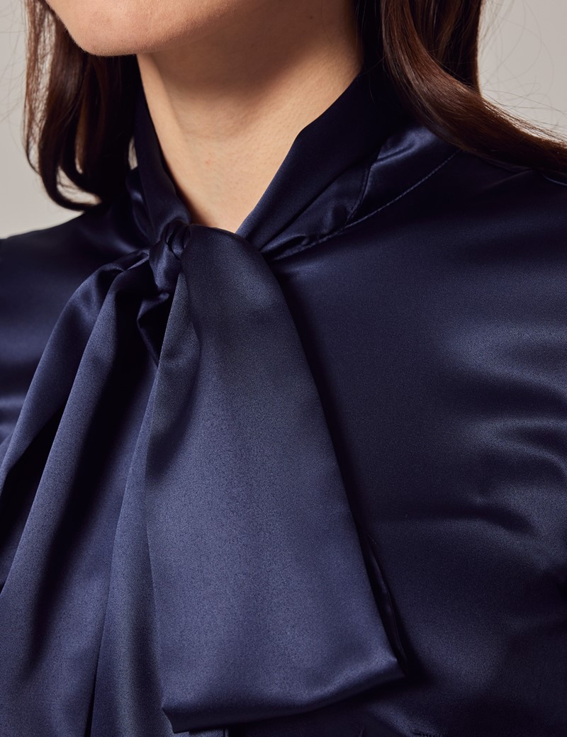 Women's Navy Fitted Luxury Satin Blouse - Pussy Bow