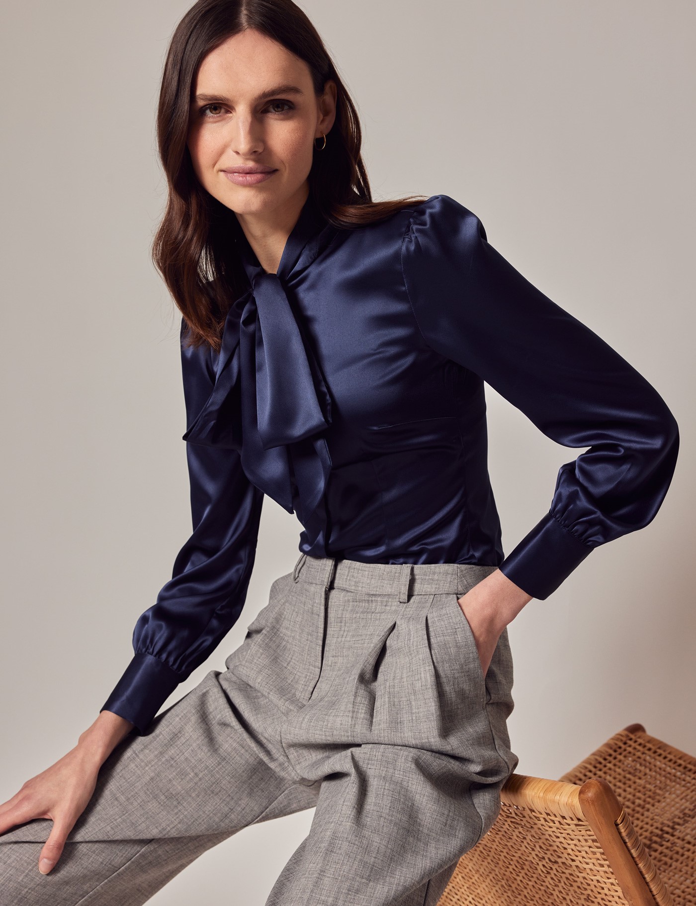 Women's Navy Fitted Luxury Satin Blouse - Pussy Bow | Hawes & Curtis
