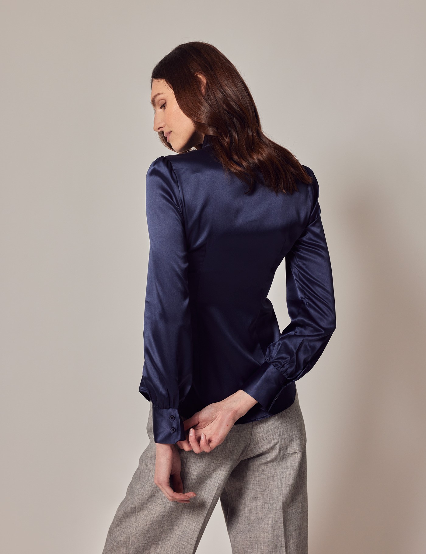 Womens Navy Fitted Luxury Satin Blouse Pussy Bow Hawes And Curtis