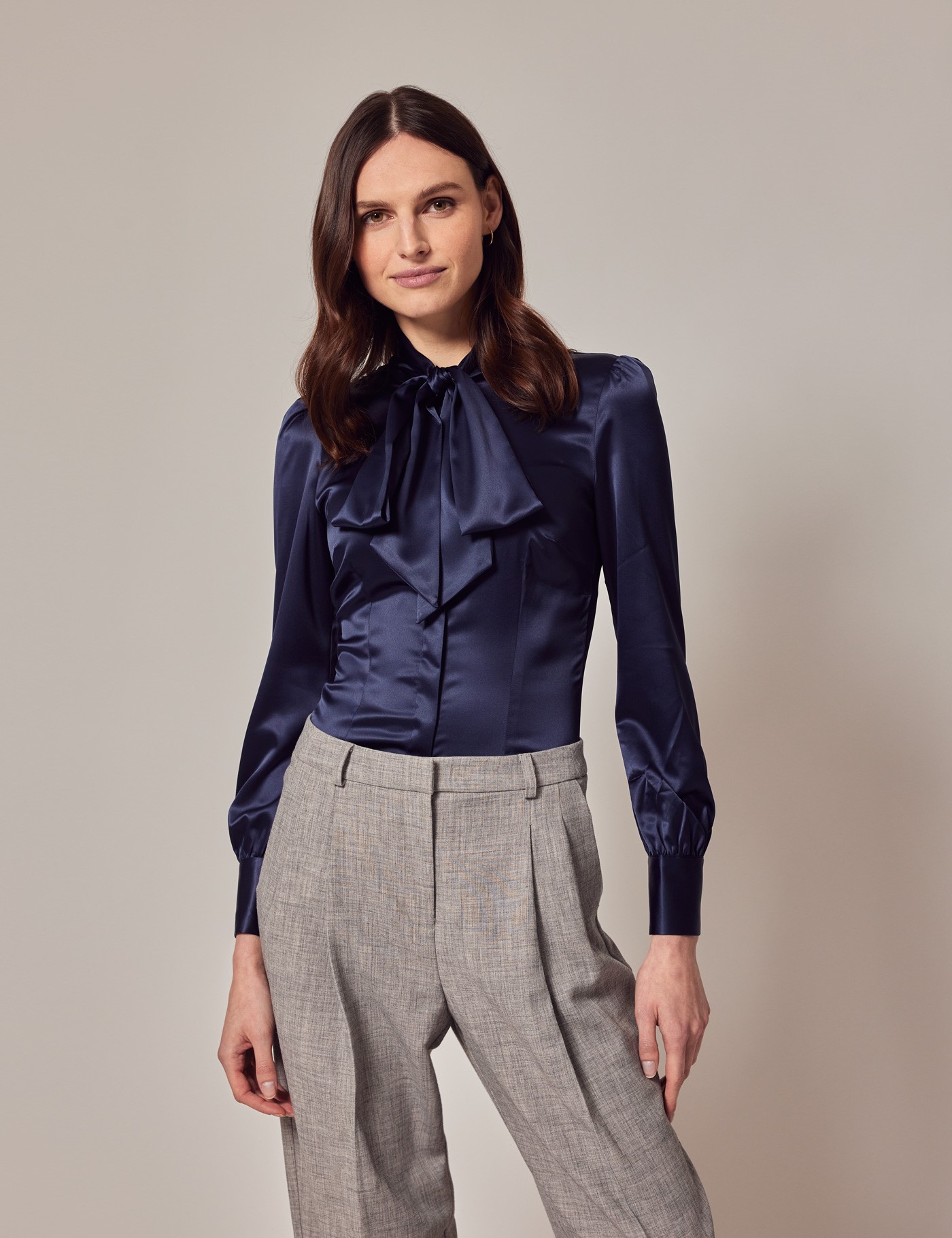 Women S Navy Fitted Luxury Satin Blouse Pussy Bow Hawes And Curtis