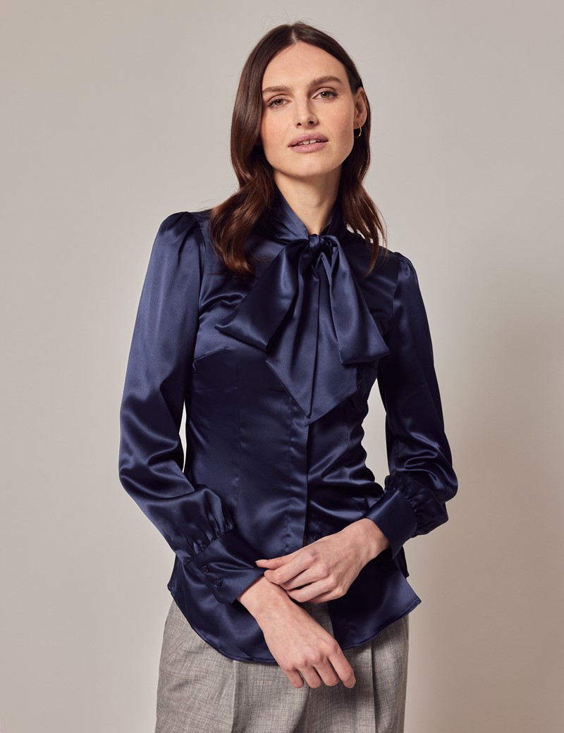Women's Navy Fitted Luxury Satin Blouse - Pussy Bow | Hawes & Curtis