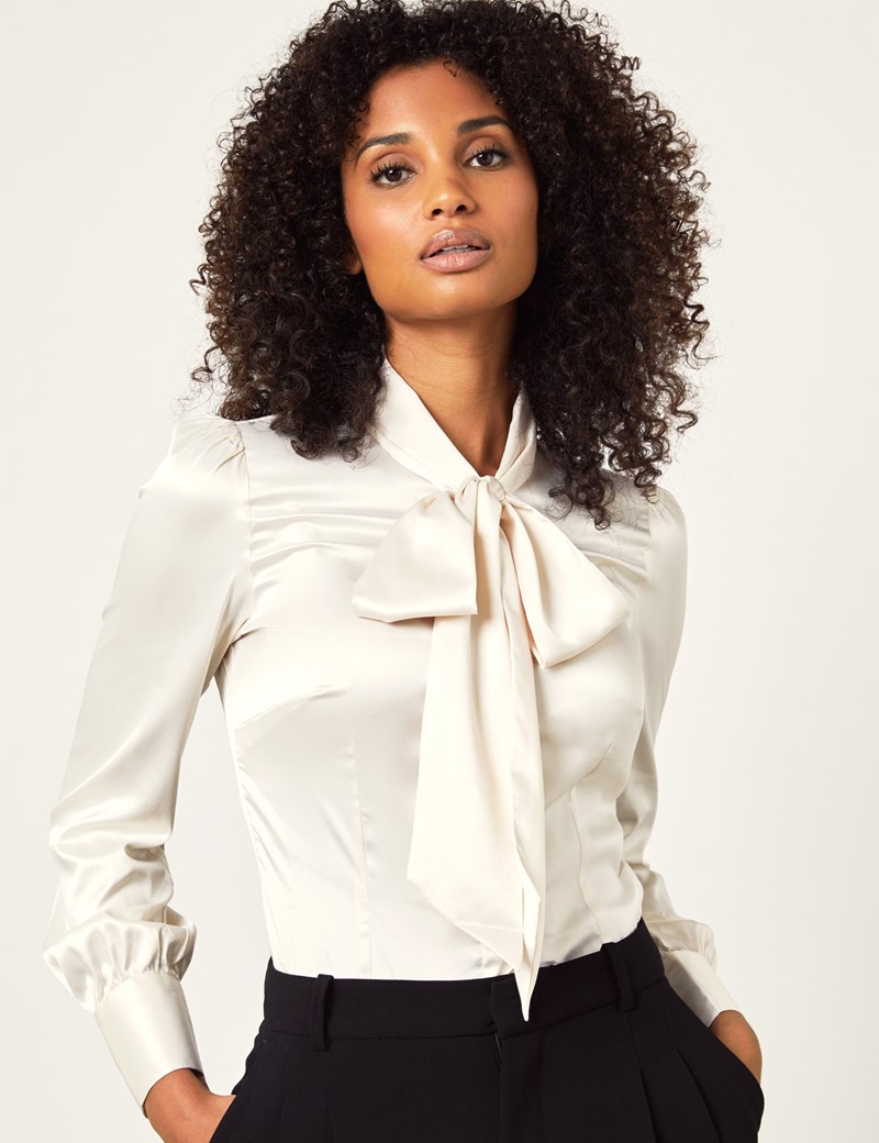 Women's Cream Fitted Satin Blouse - Pussy Bow | Hawes & Curtis