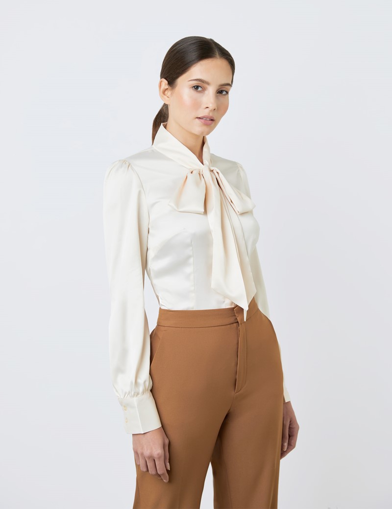 Women's Cream Fitted Satin Blouse - Pussy Bow 