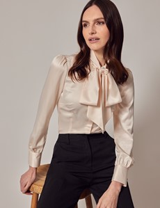 Women's Cream Fitted Satin Blouse - Pussy Bow