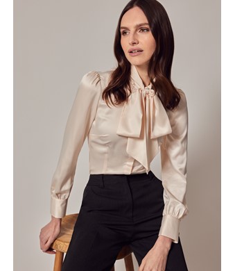 Women's Cream Fitted Satin Blouse - Pussy Bow 