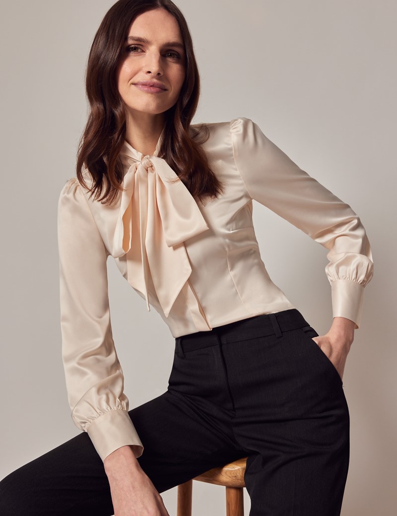 Women's Cream Fitted Satin Blouse - Pussy Bow