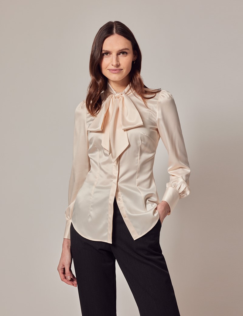 Women's Cream Fitted Satin Blouse - Pussy Bow