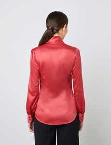 Women's Red Fitted Luxury Satin Blouse - Pussy Bow 