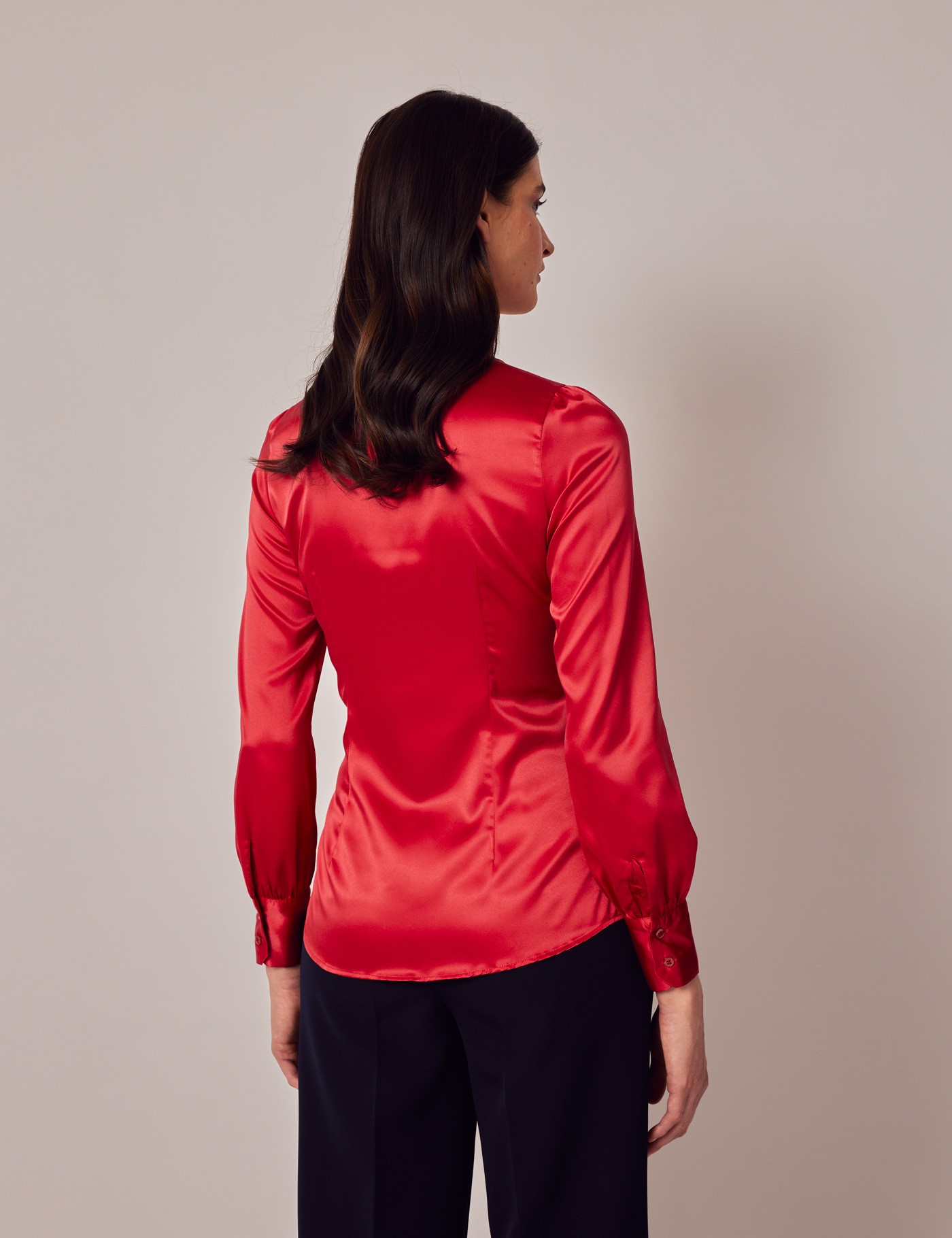 Women's Red Fitted Luxury Satin Blouse - Pussy Bow | Hawes & Curtis