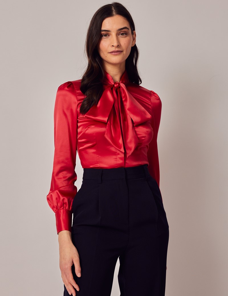Women's Red Fitted Luxury Satin Blouse - Pussy Bow