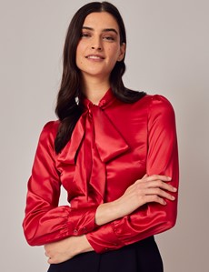 Women's Red Fitted Luxury Satin Blouse - Pussy Bow | Hawes & Curtis