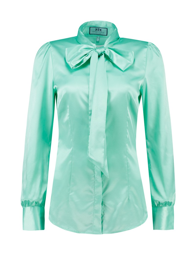 Women S Aqua Fitted Satin Blouse Pussy Bow Hawes And Curtis