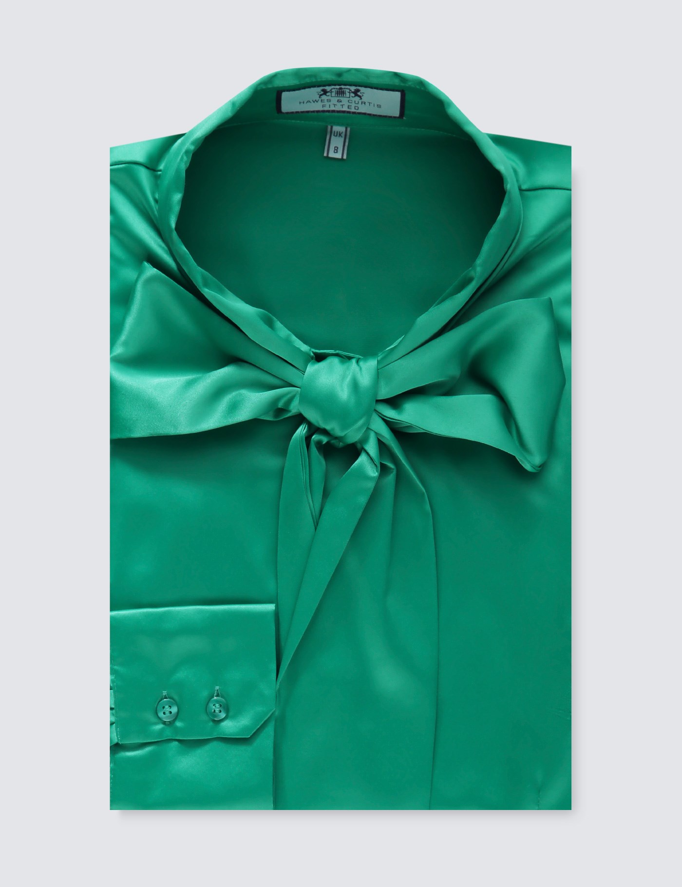 Womens Green Satin Fitted Shirt Single Cuff Pussy Bow Hawes And Curtis 7506