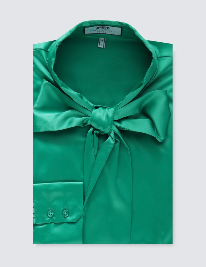 Womens Green Satin Fitted Shirt Single Cuff Pussy Bow Hawes And Curtis 