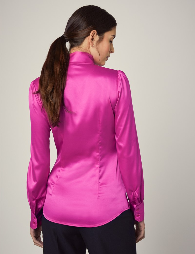 Womens Hot Pink Satin Fitted Shirt Single Cuff Pussy Bow Hawes And Curtis 2304