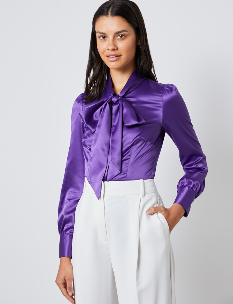 Women's Purple Satin Fitted Shirt - Single Cuff - Pussy Bow | Hawes ...