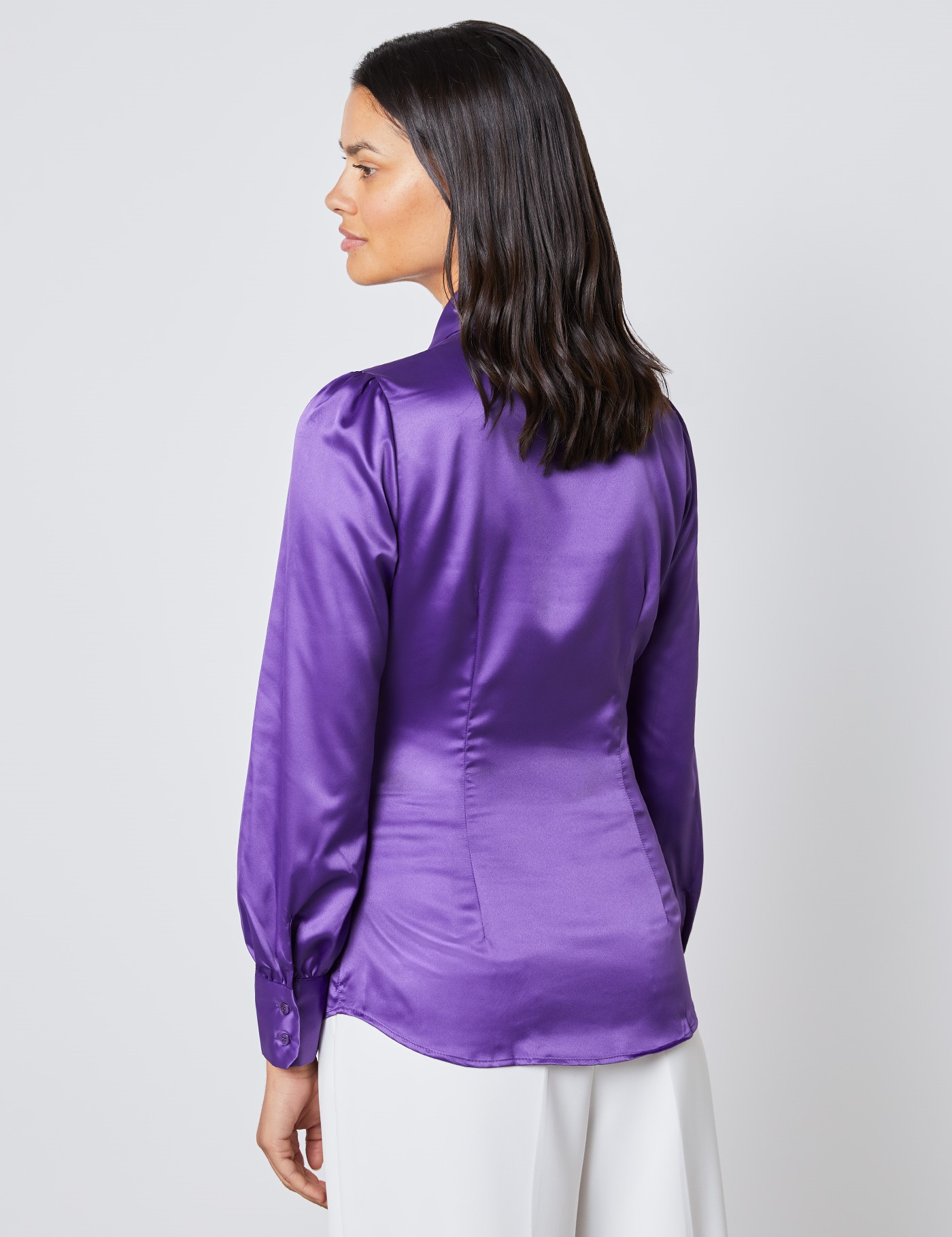 Women's Purple Satin Fitted Shirt - Single Cuff - Pussy Bow | Hawes ...