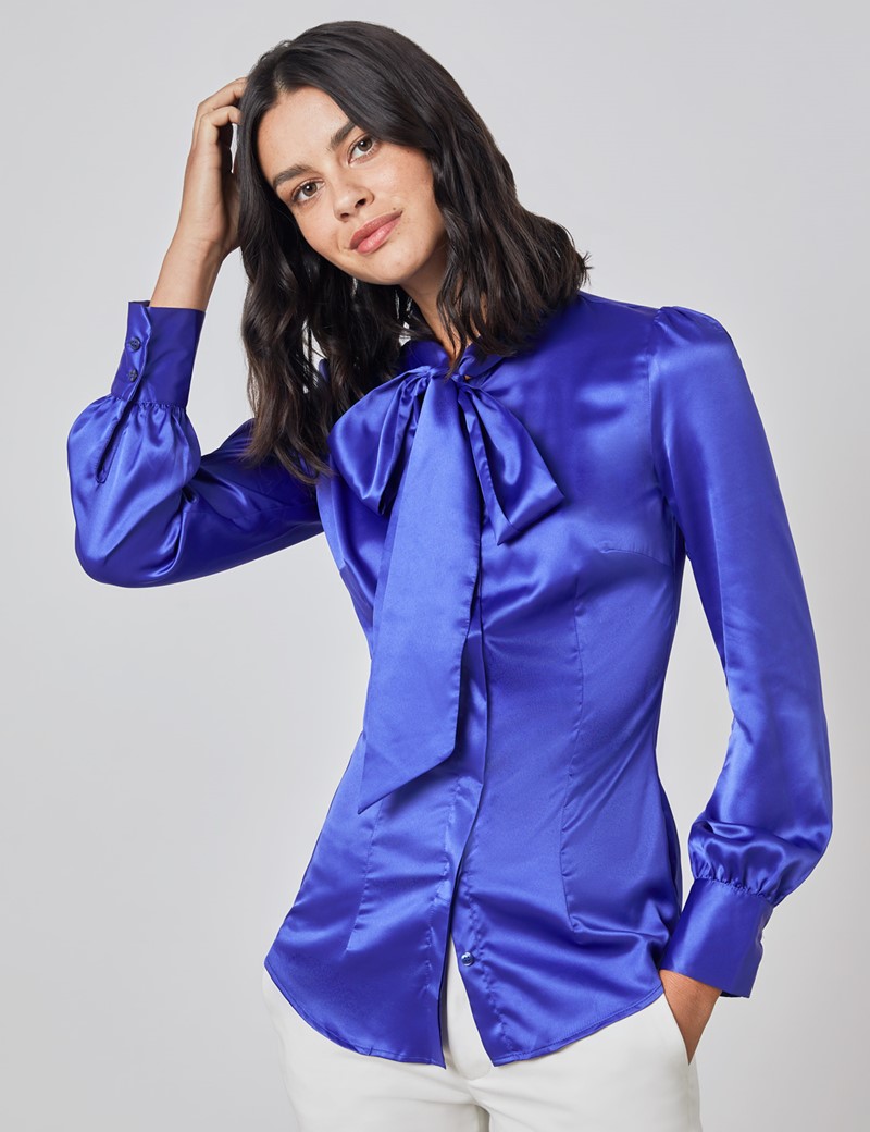 Plain Satin Womens Fitted Blouse With Single Cuff And Pussy Bow In Electric Blue Hawes And Curtis