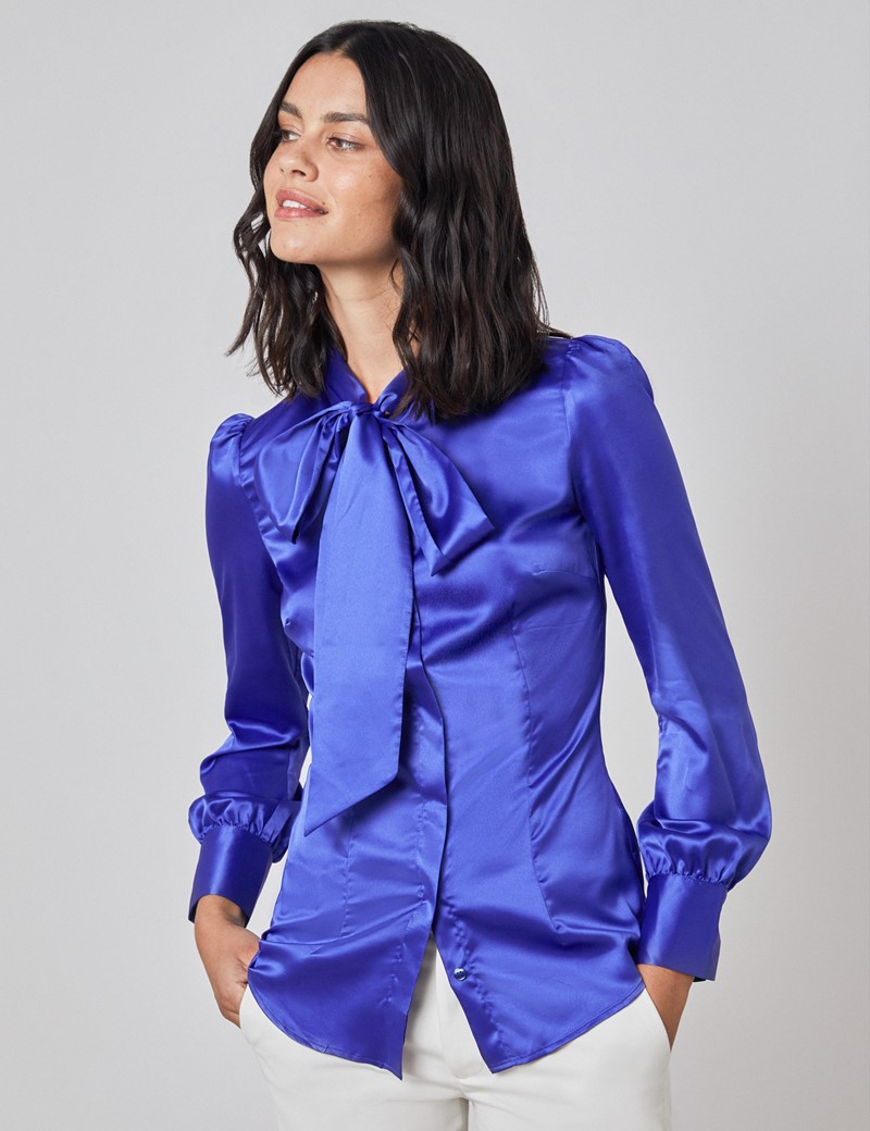 Plain Satin Women S Fitted Blouse With Single Cuff And Pussy Bow In Electric Blue Hawes And Curtis
