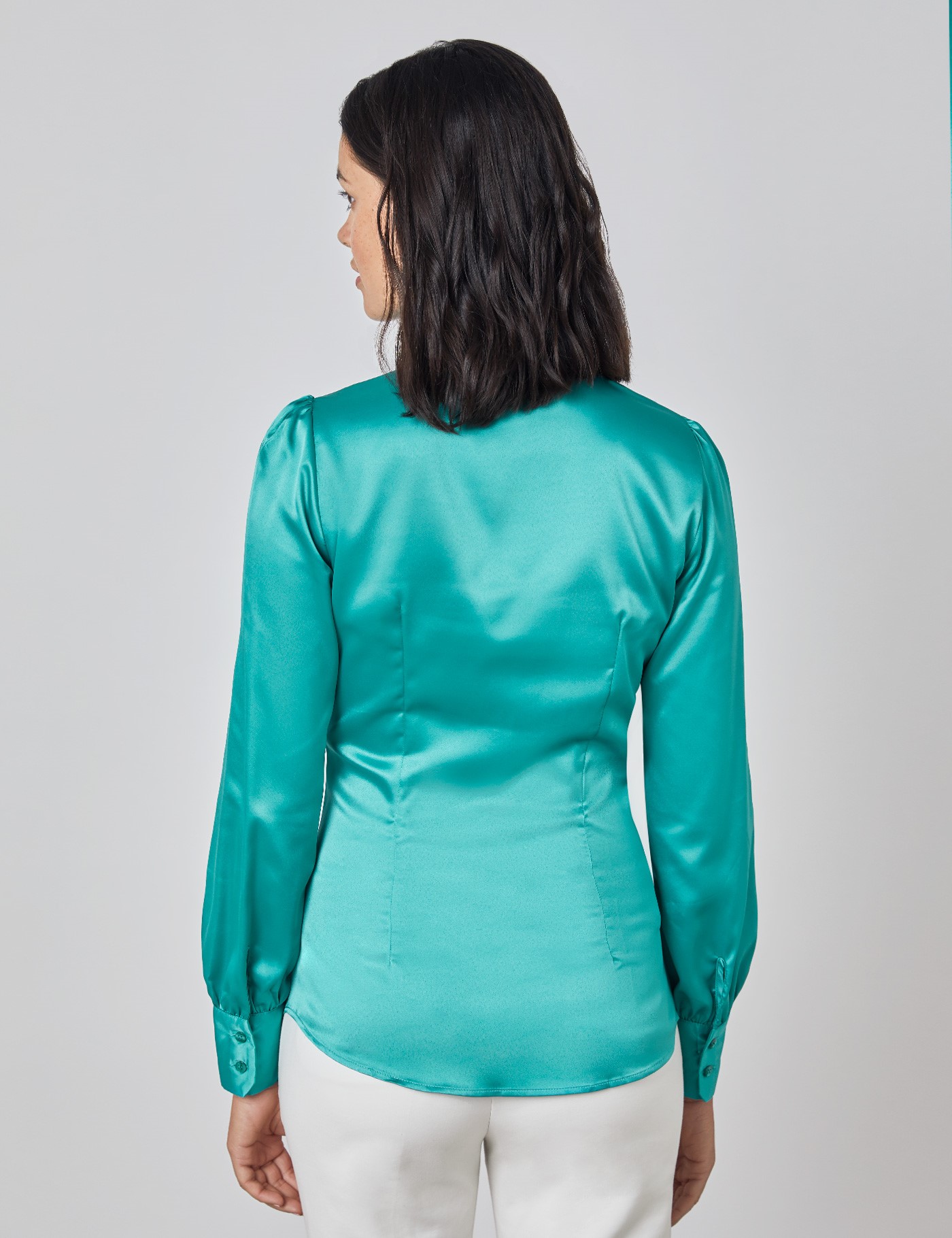 Plain Satin Womens Fitted Blouse With Single Cuff And Pussy Bow In Jade Hawes And Curtis 5839