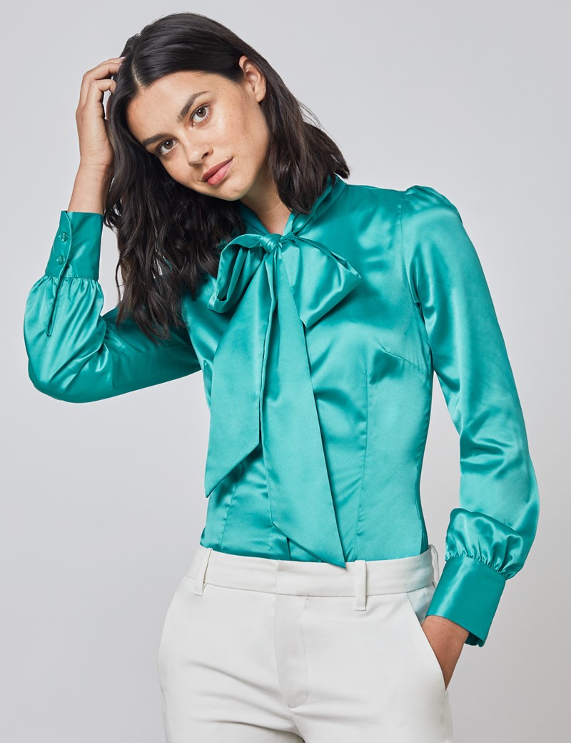 Plain Satin Women S Fitted Blouse With Single Cuff And Pussy Bow In Jade Hawes And Curtis