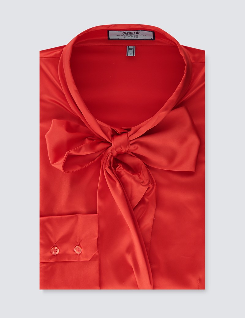 Plain Satin Women S Fitted Blouse With Single Cuff And Pussy Bow In