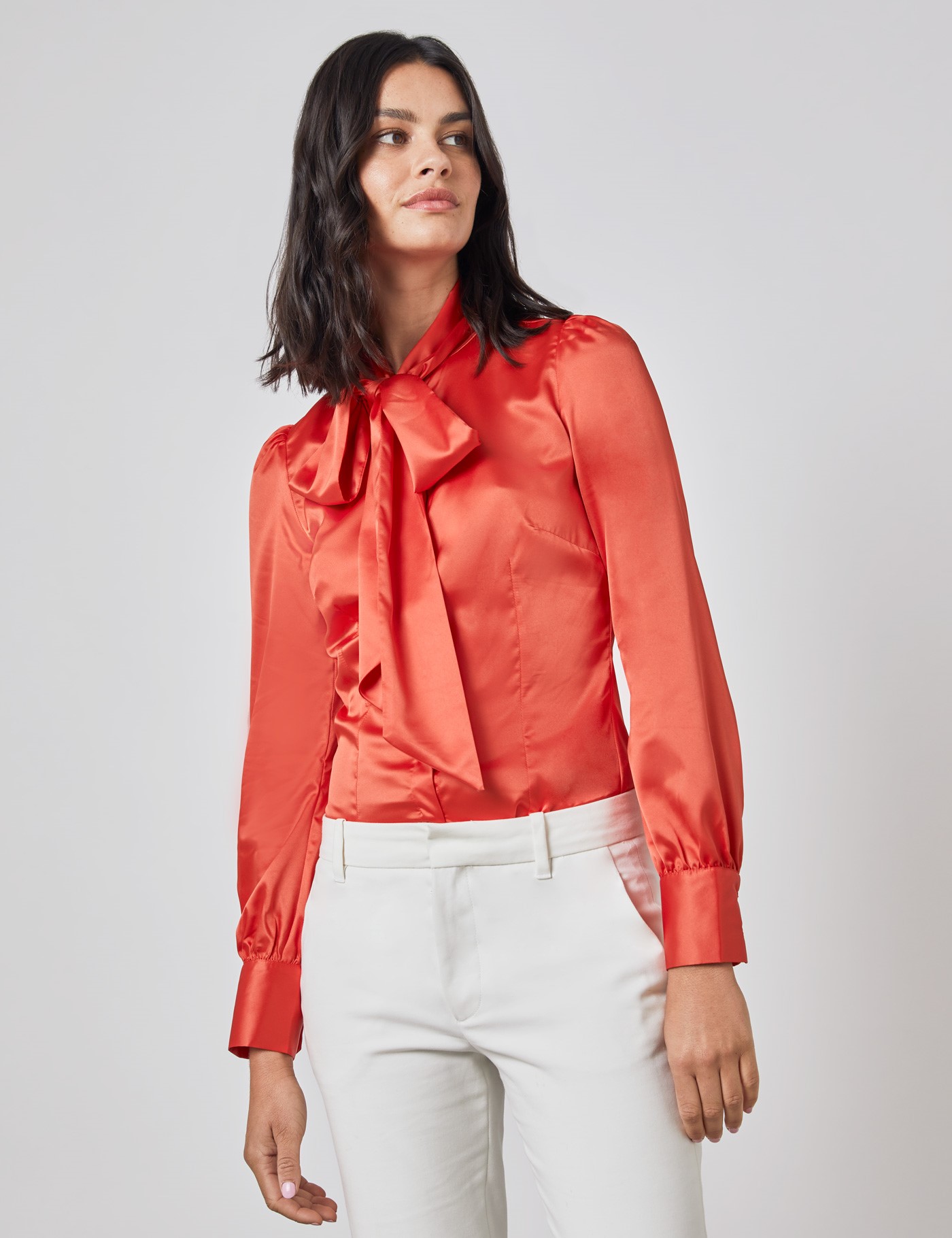 Plain Satin Womens Fitted Blouse With Single Cuff And Pussy Bow In