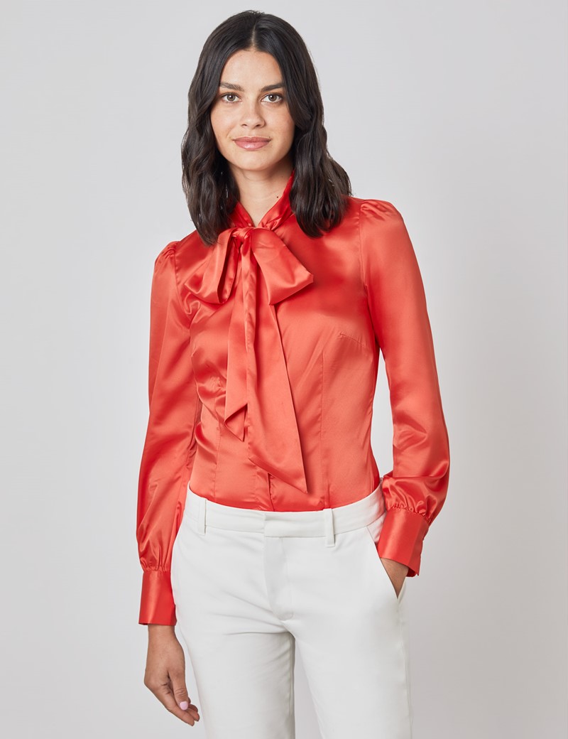 Plain Satin Womens Fitted Blouse With Single Cuff And Pussy Bow In Orange Hawes And Curtis Uk
