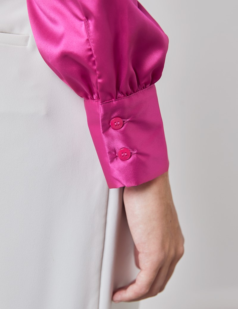 Plain Satin Women S Fitted Blouse With Single Cuff And Pussy Bow In Bright Pink Hawes And Curtis